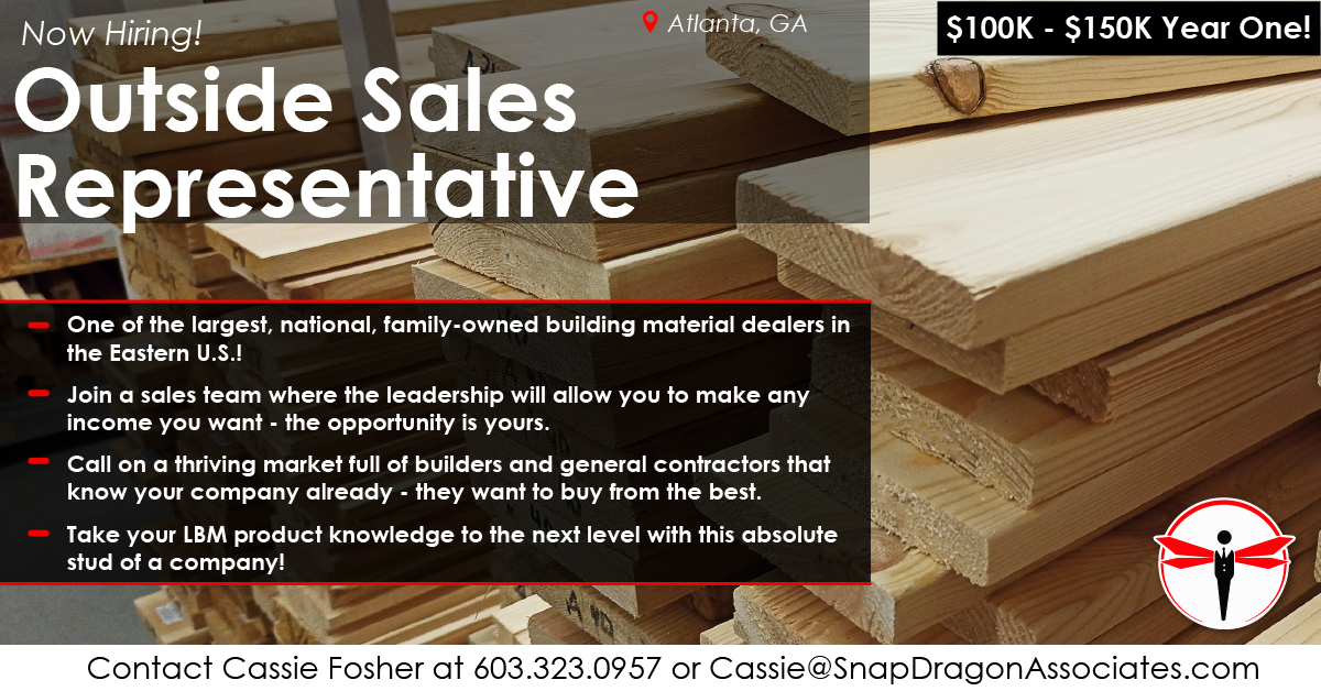🚨 New Outside Sales role in the Atlanta, GA market for a building materials dealer!
 
Apply here snapdragonassociates.com/job/outside-sa… or reach out to Cassie Fosher!

#SnapDragonJobs #buildingmaterials #hiring #werehiring #outsidesales #salesjobs #GAjobs #AtlantaGA