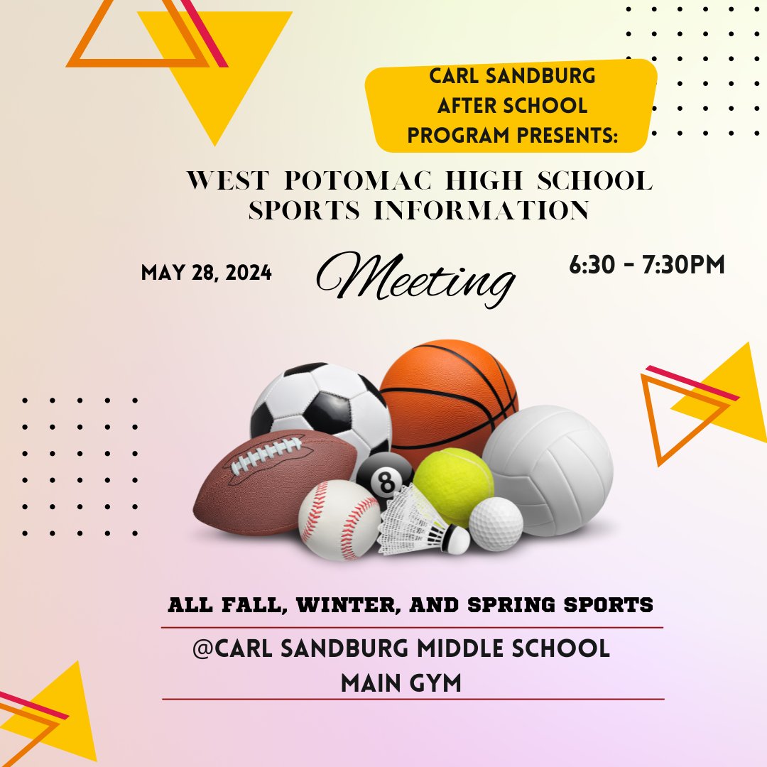 Sports Night on May 28 from 6:30-7:30 pm in the Main Gym! This event is for all rising West Potomac 9th graders and their families to learn about the exciting sports programs offered at our school. Don't miss this opportunity to get involved and be part of our athletic community!