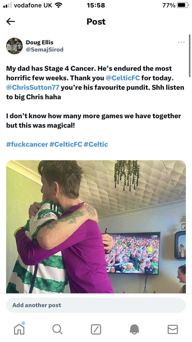 Yesterday I shared this. I am a #CelticFC fan. the response was overwhelming. Complete strangers taking the time to wish my old man all the best. 
I have to acknowledge fans of #Rangers and #hearts who also reached out. 
Cancer is an enemy we can all unite behind. 

#fuckcancer