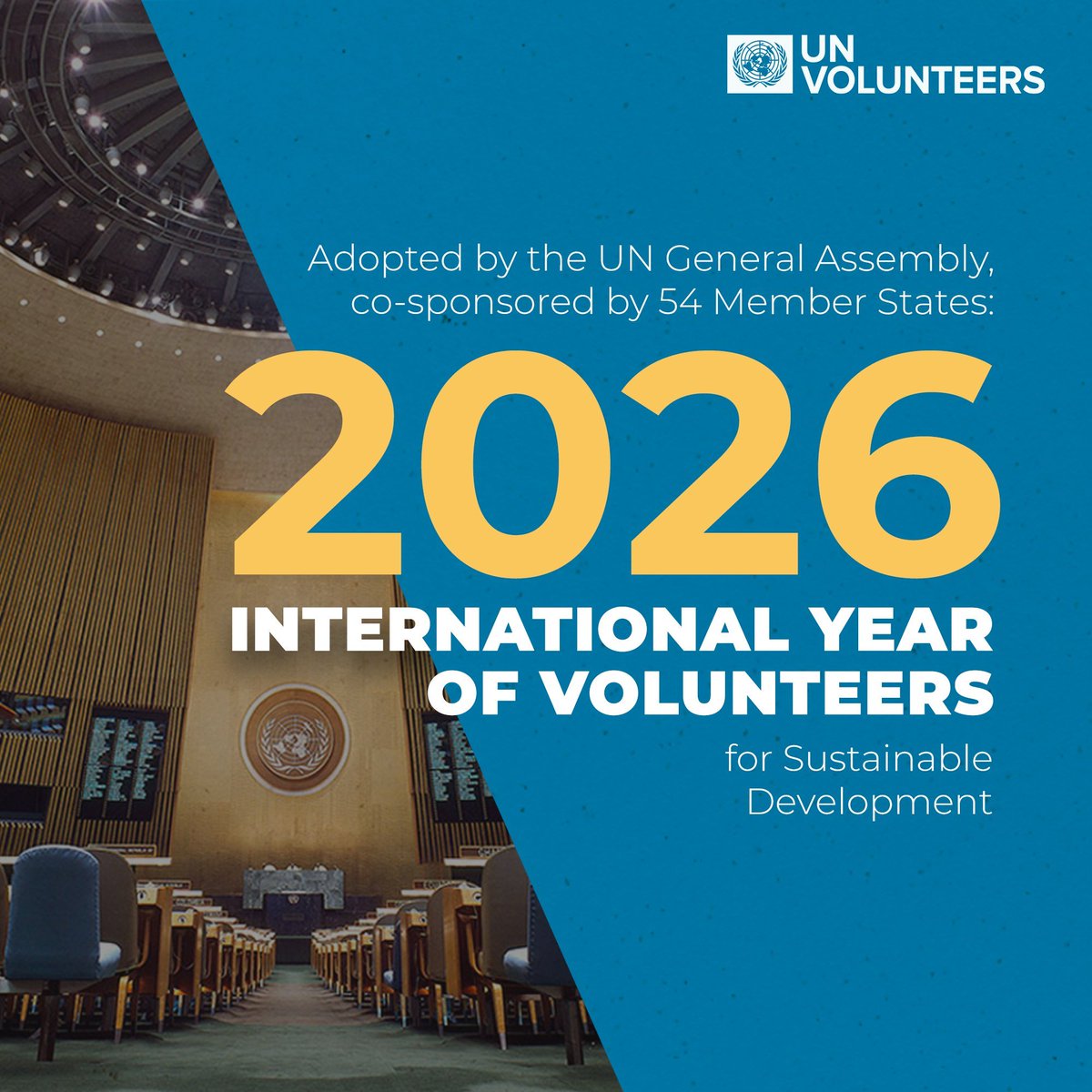 2️⃣0️⃣2️⃣6️⃣, International Year of Volunteers for Sustainable Development👏.

<a href="/UN/">United Nations</a> General Assembly 🇺🇳adopted the resolution to further recognise, promote, facilitate and integrate volunteer action for the #2030Agenda for #SDGs🙌