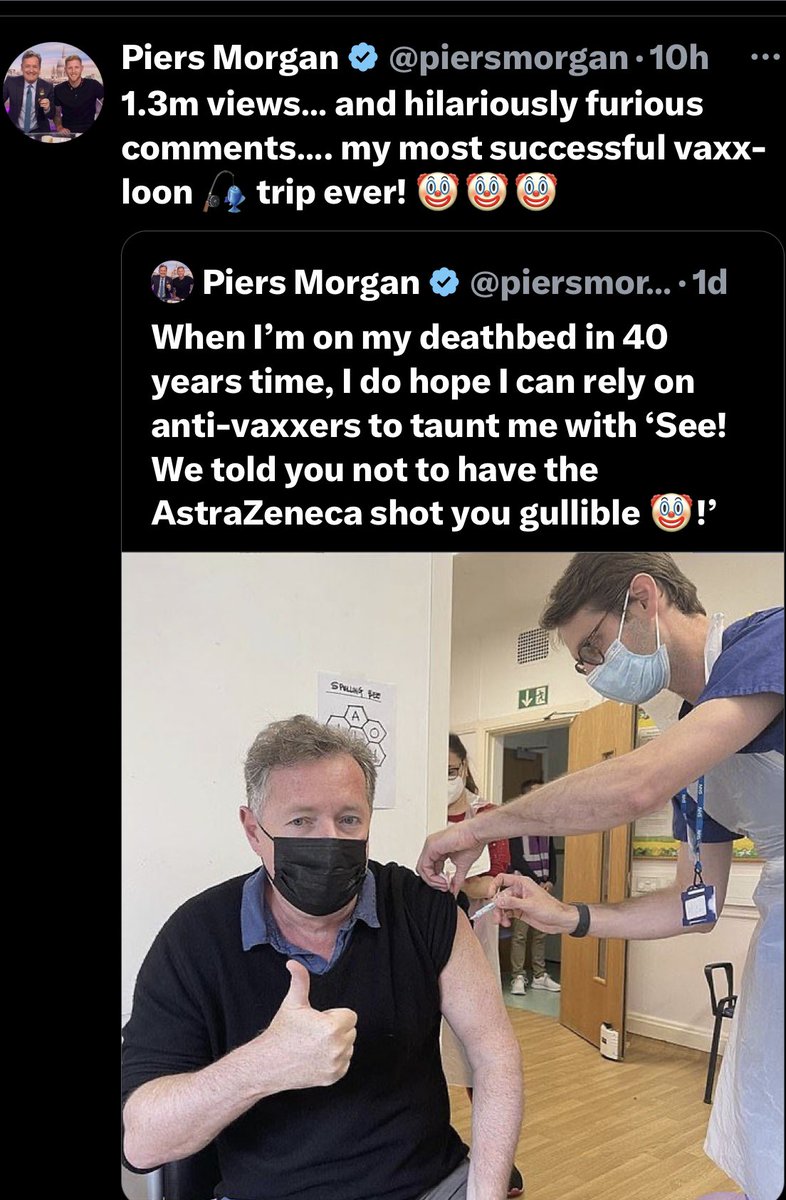 HouseLyndseyRN's tweet photo. .@piersmorgan - this one’s to you buddy👌🏻😁

🚨You obviously have Spike Protein brain injury🚨

•I see you also block, mock, and think people dying and getting harmed by a vax is just hilarious and that shows the glaring demon in your soul and the hatred you have for humanity- get right with 
GOD sir, you need him 

- and since you’re not using you’re critical thinking skills OBVIOUSLY or common sense- 

I’d estimate your brain -specifically your white matter in your frontal cortex -will show shrinking for sure.👏

🚨WOW - and you knew they just pulled AstraZeneca off the market for VITT - holy microClots coming your way- get ready for that 💩storm of fun- you really need a Psychiatric evaluation and whoever administered your injection should be stripped of their license as well- that is FIRST DO NO HARM- but it seems YOU 💜 to harm-

•You are just A HOT MESS AND I HONESTLY DONT THINK 
🔥🔥HELL🔥🔥 
is gonna be HOT enough for you, sir🖕

Good luck with any future vaxInjuries bc the VaxInjured Lounge Community will not be accepting your calls 🤙

Oh and .@thecoercednurse - gives you her love as well💜👌🏻😁😂🤪

#VaxInjuries
#VaxDeaths