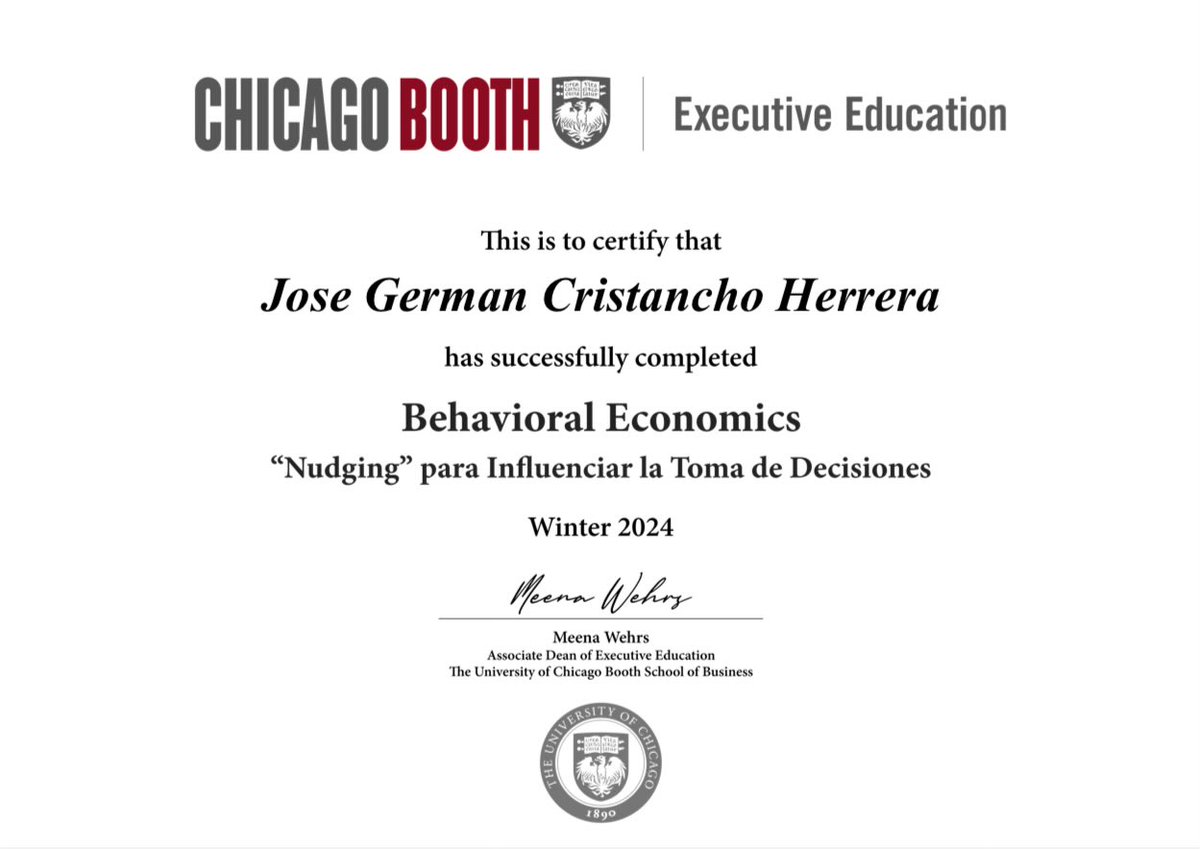 GermanCrstancho's tweet image. Me he interesado bastante en #BehavioralEconomics y #BehavioralFinance. Me encanta el aprendizaje permanente y, recientemente, terminé este programa de @ChicagoBooth 

Behavioral Economics: “Nudging” para Influenciar la Toma de Decisiones • Chicago Booth Executive Education…
