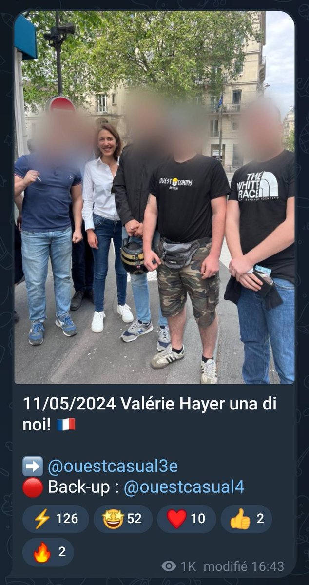 Candidate du parti présidentiel aux européennes, Valérie Hayer pose avec des militants d'extrême droite (le tee-shirt 'white race' était quand meme un indice....). Photo qui aurait été prise le jour même où la manif de ces néonazis a fait scandale. Fascinant.