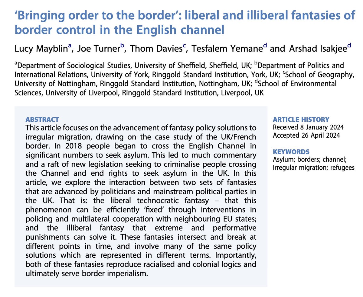 New #OpenAcess article in JEMS: ''Bringing order to the border': Liberal and illiberal #fantasies of border control in the English channel' With the @chancrossings team: @Isakjee @LucyMayblin @THYemane and Joe Turner. tandfonline.com/doi/full/10.10… 1/6 🧵