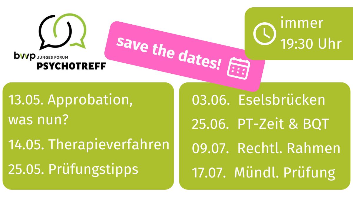 Der #bvvpPsychotreff ist das Veranstaltungsformat für alle interessierten #PiA, #PtW, #Ärzte und #Ärztinnen in #Weiterbildung sowie #Psychotherapie- und #Medizin-#Studierende. Alle nehmen kostenfrei teil! t1p.de/ep5t1 #bvvp #bvvpJungesForum #Prüfung #Approbation