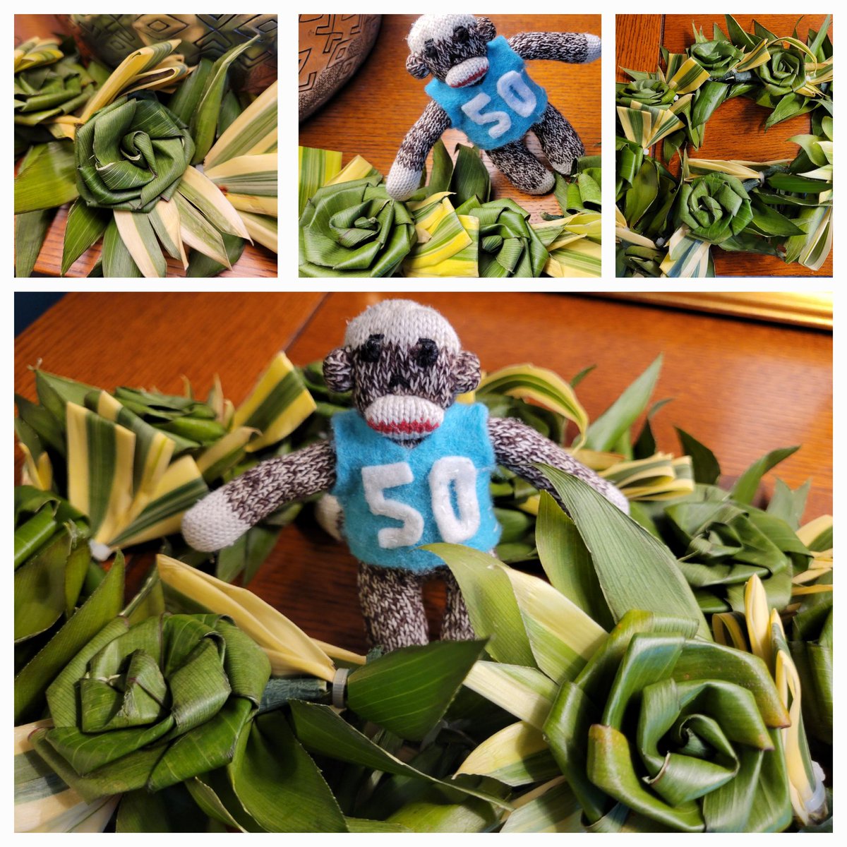 Look it! A beautiful Ti leaf lei that hoom received when visiting colleagues in Hawaii. This one is exquisite-- rose buds woven into the long 6ft+ lei. Gawl. Extraordinary honor. #chillinwithTM2 #TM2Verified ✅️ 🐒