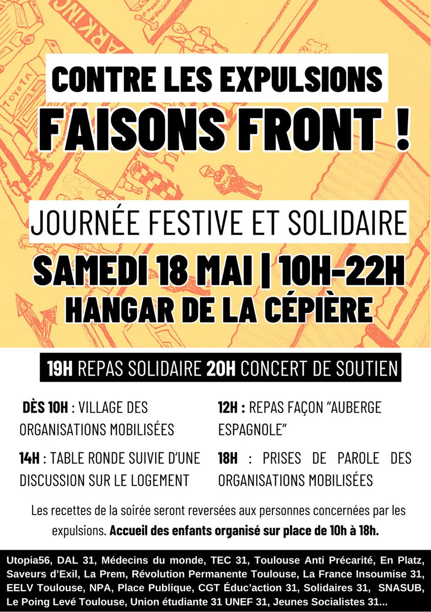 <a href="/Utopia_56/">Utopia 56</a> @ImmigrationEELV <a href="/EELVAntiracisme/">Commission Antiracisme EELV</a> @JE_Toulouse <a href="/DALToulouse31/">DALToulouse31</a> <a href="/MdM_France/">Médecins du Monde</a> <a href="/RevPermanente/">Révolution Permanente</a> <a href="/cgt_educ_31/">La CGT Educ'action 31</a> <a href="/NPA31/">NPA31 - L'Anticapitaliste</a> <a href="/EELV_midi_py/">Les Écologistes - EELV Midi-Pyrénées</a> Voici l'affiche générale à partager ⤵️