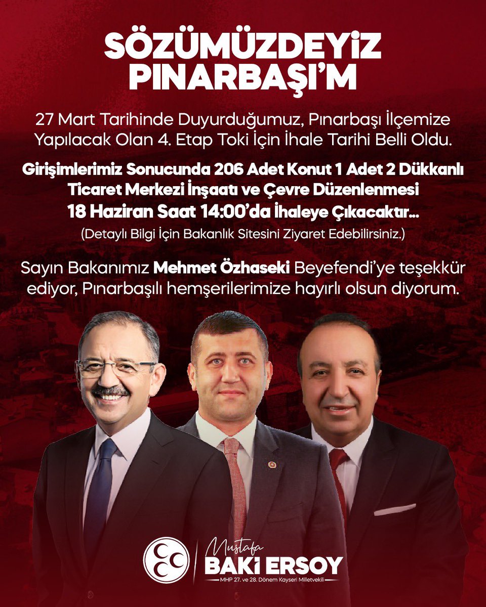 Sözümüzdeyiz Pınarbaşı'm!

27 Mart tarihinde duyurduğumuz, Pınarbaşı ilçemize yapılacak olan 4. Etap TOKİ çalışmaları için ihale tarihi belli oldu.

Girişimlerimiz sonucunda 206 adet konut 1 adet 2 dükkanlı ticaret merkezi inşaatı ve çevre düzenlenmesi 18 Haziran saat 14:00’da…