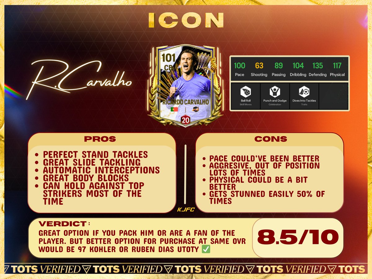 TOTS REVIEW #4🚨🏅 Ricardo Carvalho 97 TOTS Icon CB 🇵🇹 One of the top 10 CBs in game, but has a few cons Check the picture and gameplay video below for more detailed insight ✅ Retweets appreciated 🔄🩵 @tutiofifa #TOTS #EAFC #FCMobile