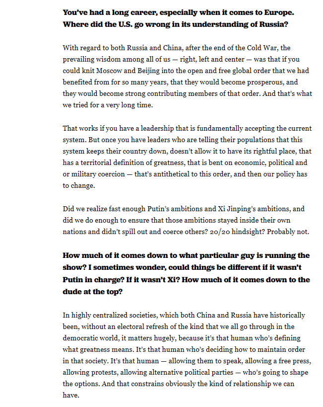 This Victoria Nuland interview reveals US policy run by rube-like buffoons - it takes severe brain damage to think the Russians & Chinese (and Iranians), all historic great powers, aspire to be just another member of 'the open and free global order'... the Putin take is bonkers