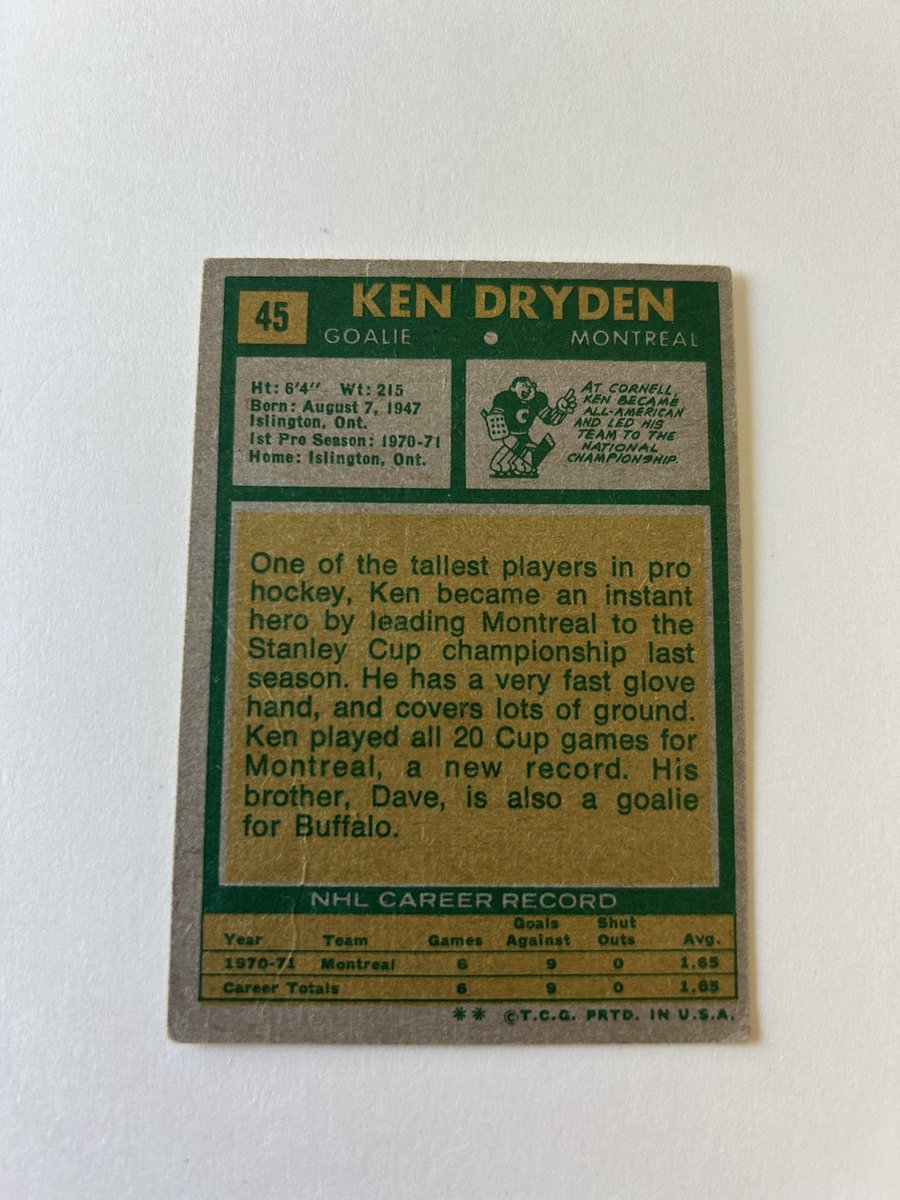 @thecultofben Ken Dryden HOF RC 1971-72 Topps loved $50 shipped