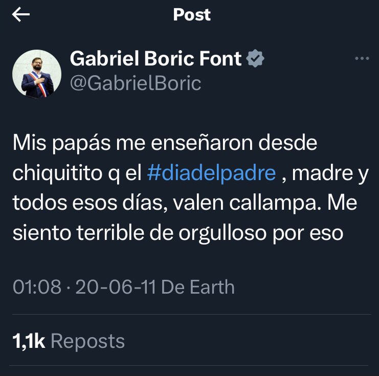 Gabriel Boric les desea a todas las madres de Chile, un hermoso día 🫶🏻❤️

Mención honrosa al “terrible de orgulloso” 🫠🌳💩

#diadelasmadres2024 #DiaDeLasMadres