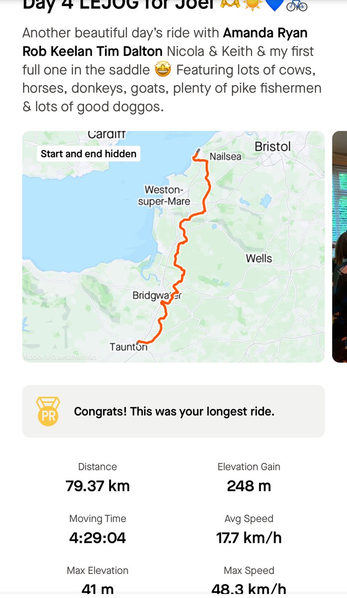 Day 4 of LEJOG ✅ After a VERY hilly start through Cornwall &amp; Devon, today was a lovely flat (bumpy gravel!) ride through Somerset. Will I be able to walk tomorrow? 🚲💙☀️