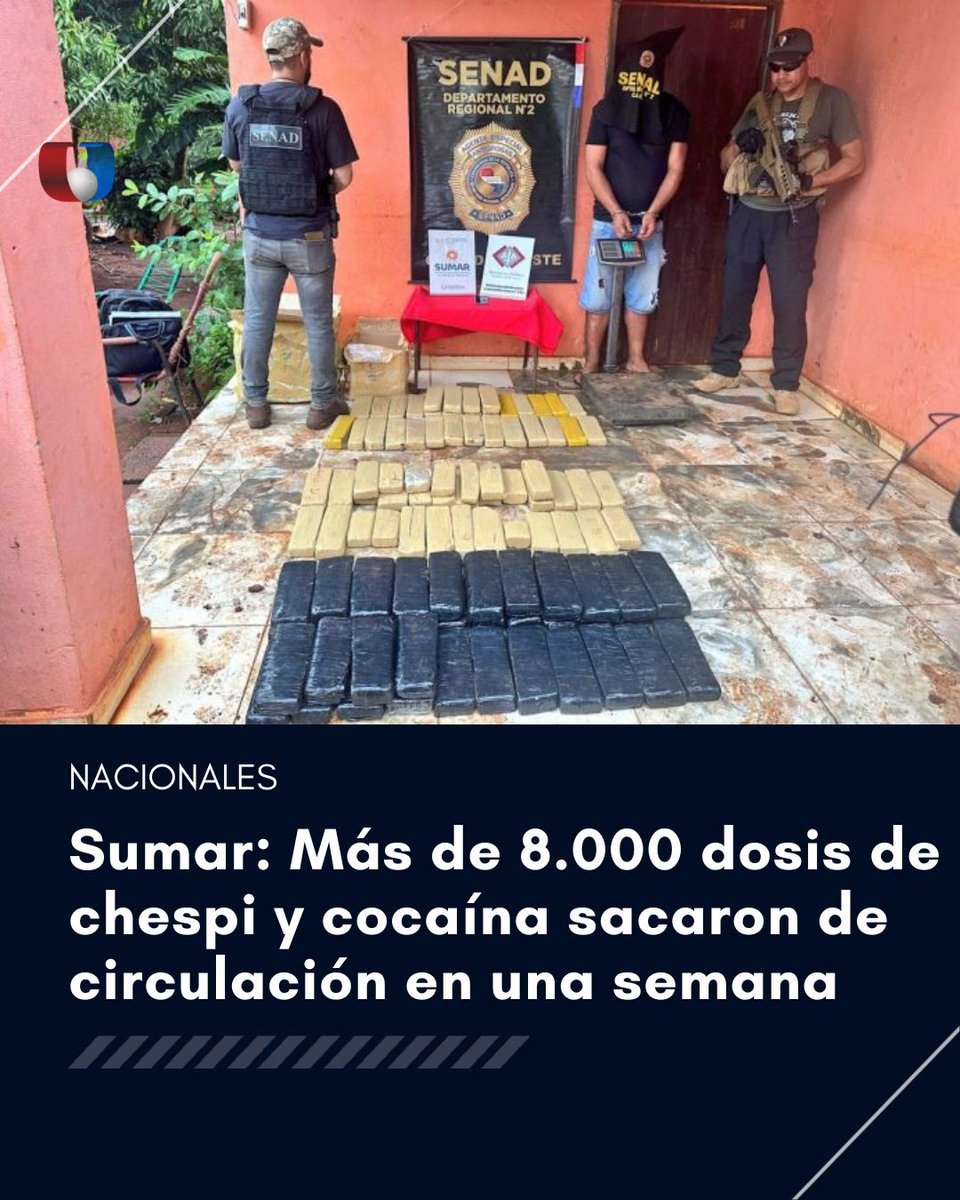 📌 En la segunda semana de mayo, la @senad_paraguay sacó de circulación más de 8.000 dosis de chespi y cocaína; así como más de 7 toneladas de marihuana incautadas. 👉🏻 En los operativos hubo 7 detenidos; una pista clandestina destruida, mediante controles preventivos en todo el