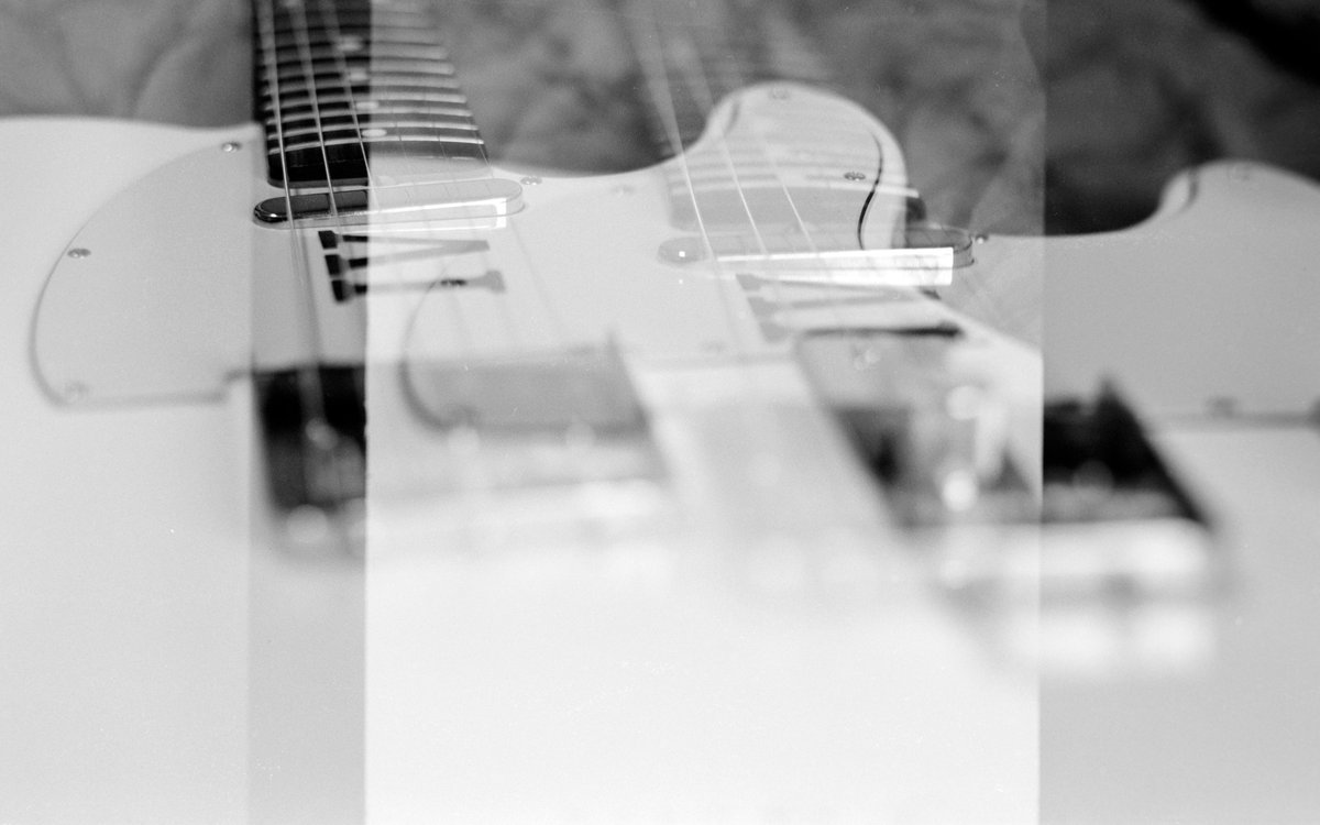 Accidental double exposure due to overlapping frames. Kind of thought this looked cool. My telecaster shot on Kentmere 400 film pushed to 1600 and shot on a Mamiya RB67 with at 127mm f3.5 lens.