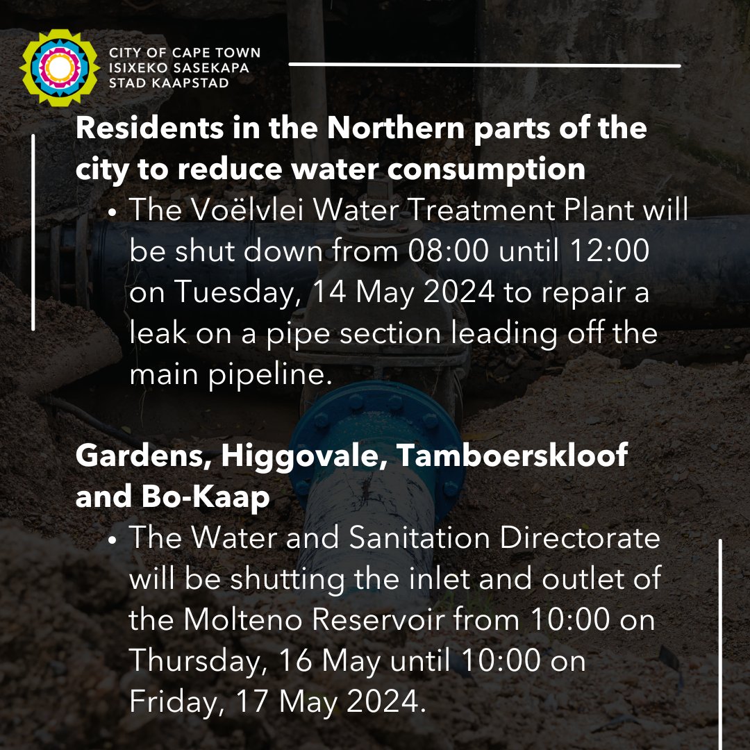 #CityofCT : The City’s #WaterandSanitation Directorate will be doing planned work in the identified areas, which will result in water supply disruptions. The City sincerely regrets any inconvenience caused. Read more: bit.ly/4bc0JGO #CTNews