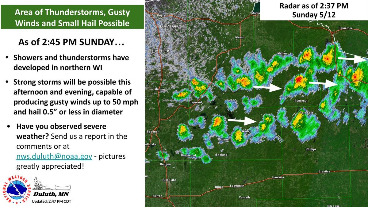Thunderstorms developing in north-central WI may become strong this afternoon and evening, capable of producing gusty winds up to 50 mph and small hail up to 0.5' in diameter. Storms may intensify as they move farther east, so make sure to keep an eye out for updates. #wiwx