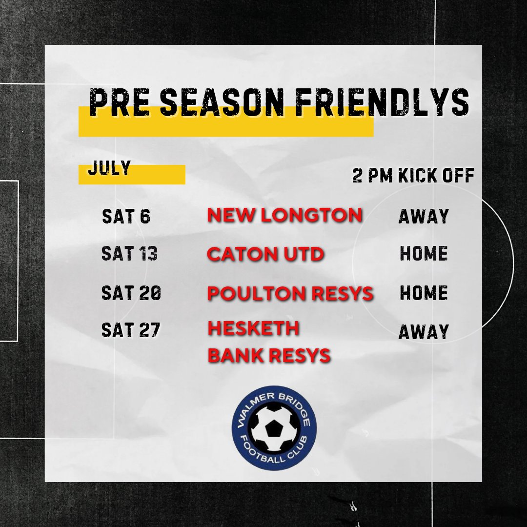 🚨 That is our pre-season confirmed for July. Thank you to all the clubs that reached out from the @mid_lancs and @westlancsleague. July - 2pm KO's 6️⃣ @NewLongtonFC 1️⃣3️⃣ @catonunitedfc 2️⃣0️⃣ @PoultonFC_FY6 Resys 2️⃣7️⃣ @HBAFC Resys