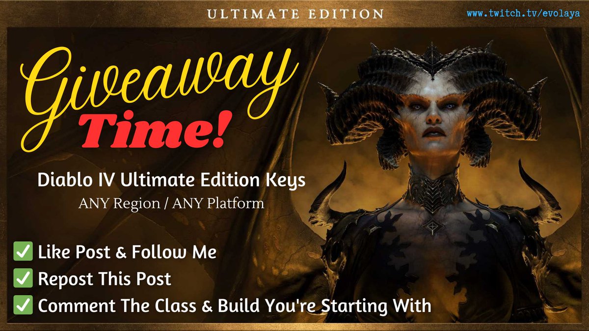 🎁Giving Away 4 Copies of #DiabloIV Ultimate Edition (any region/any platform)  

How to Enter 
✅Like Post & Follow Me 
✅Repost This Post 
✅Comment Below Your Starting Class & Build

Winners will be chosen End of Day: Monday May 13th. Make sure your DM's are open.

#giveaway…