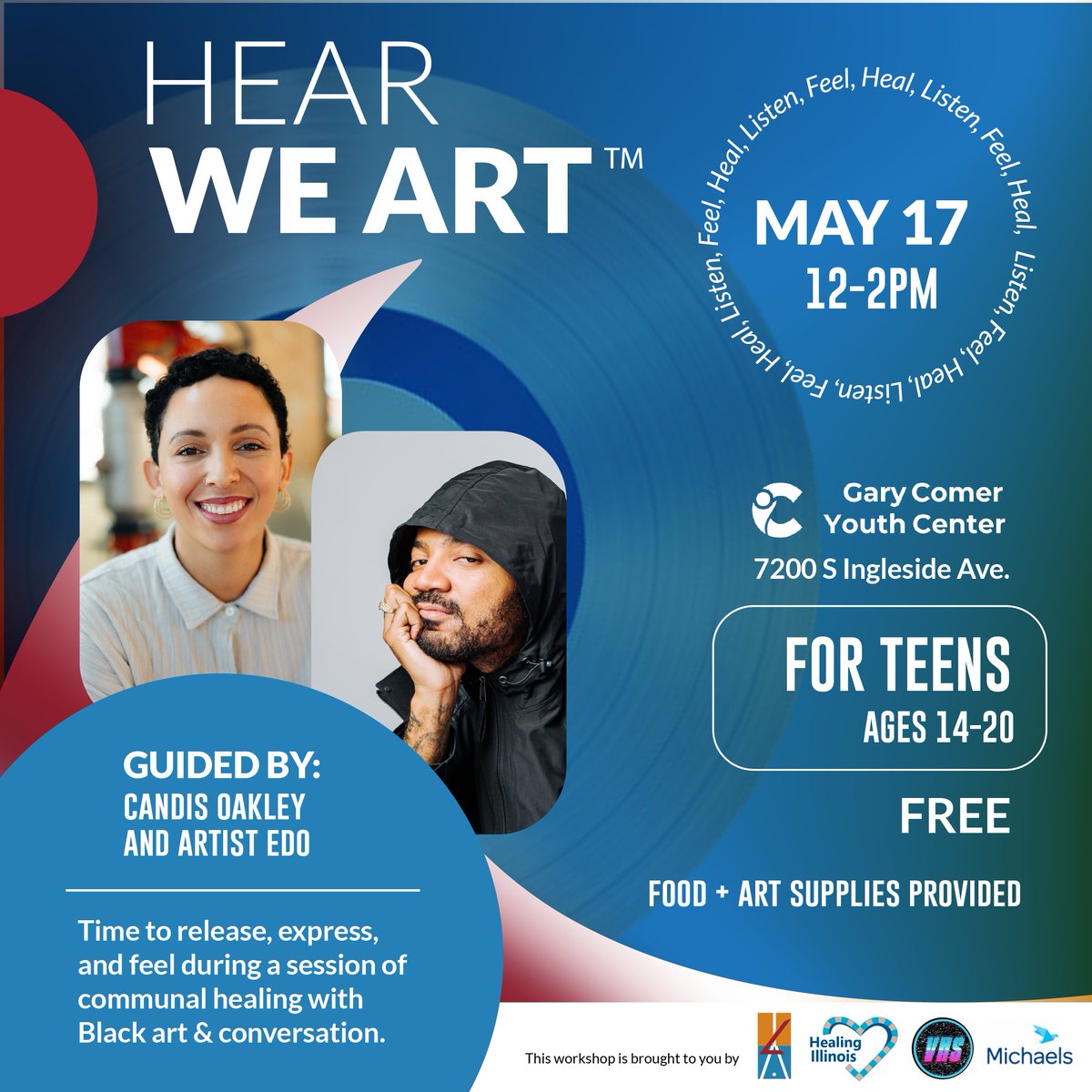 Know some Chicago teens eager to connect, express, and release through an evening of art and connection? Join the amazing Candis Oakley and Artist Edo next Friday 5/17 at the Gary Comer Youth Center for the next installment of Hear We Art from @ILAcreativestudio