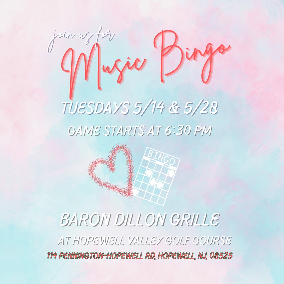 Join us for FREE MUSIC BINGO on Tuesday at 6:30pm at the Baron Dillon Grille at the Hopewell Valley Golf Course. #LocalEvents #FunNightOut #CommunityGathering #MidweekEntertainment #MusicBingo #HopewellValley #MidweekFun #LocalEntertainment #CommunityEvents #TuesdayNight