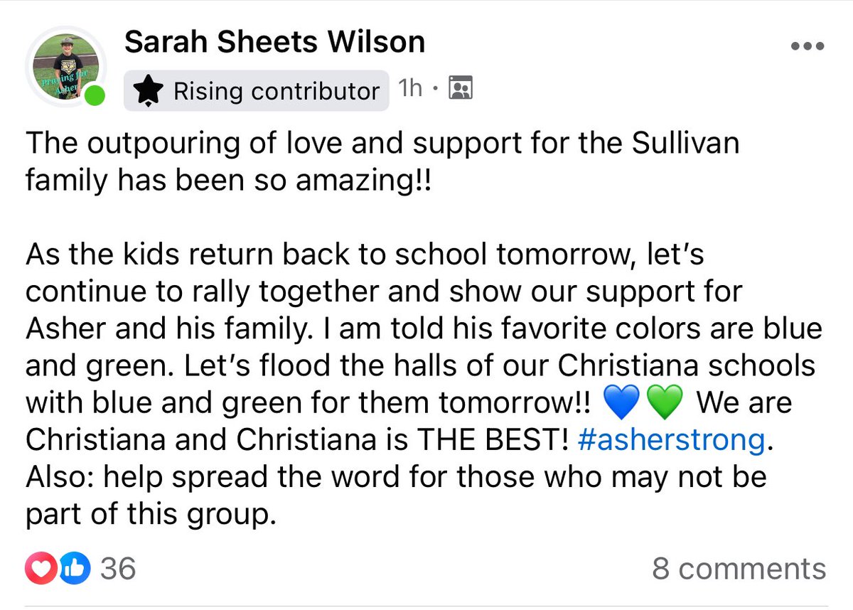 RockyForkMS's tweet photo. Storm Nation— let’s join Christiana and show our support for Asher and the Sullivan family! Wear your blue and green tomorrow 💙⚡️💙 https://t.co/GRAAtF8QWX