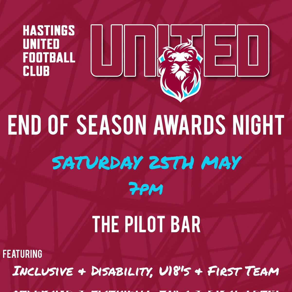 𝗘𝗡𝗗 𝗢𝗙 𝗦𝗘𝗔𝗦𝗢𝗡 𝗔𝗪𝗔𝗥𝗗𝗦 𝗡𝗜𝗚𝗛𝗧 Inclusive & Disability, Under 18's and First Team Saturday 25th May 7pm The Pilot Bar #COYU #AwardsNight #HUFC