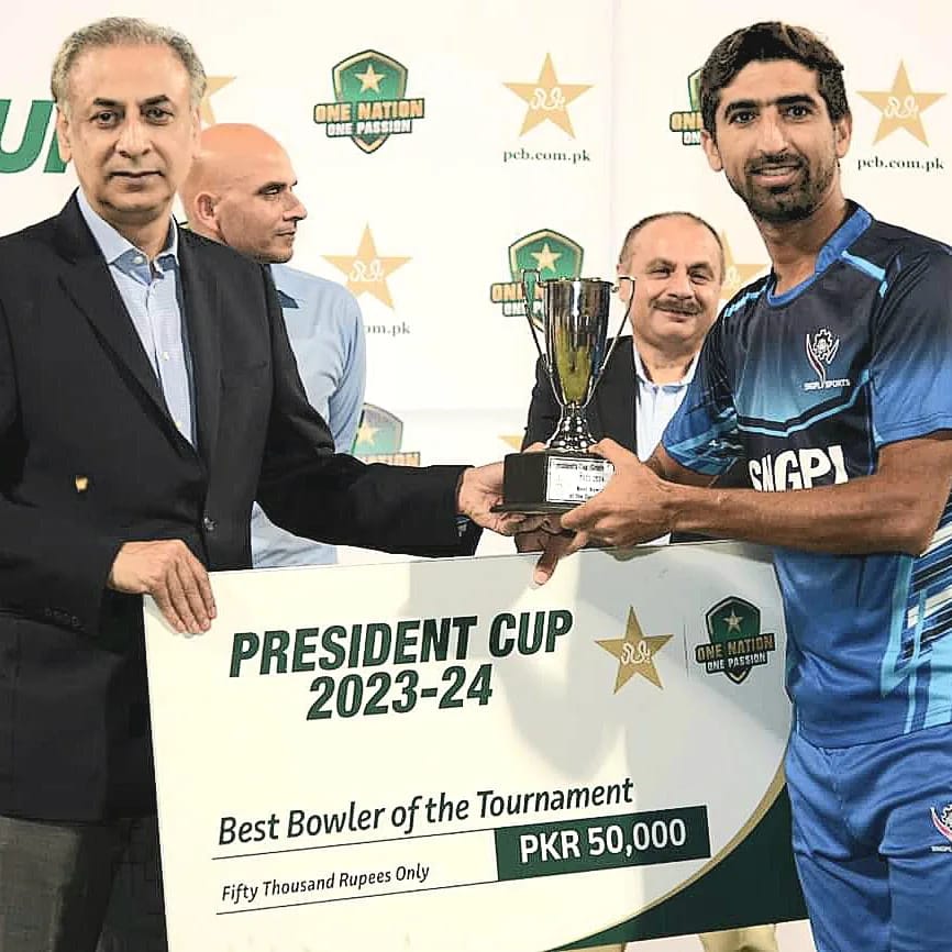 Alhamdullilah! Ending domestic season 2023_24 as Champions of Presidents Cup for my team SNGPL. Happy that I contributed for my team to clinch this trophy by winning best bowler of the tournament award. Thank you everyone for the support.🩷🏆. #SNGPL