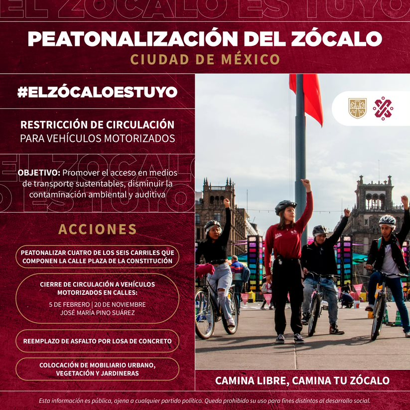 ☑️Como parte de la peatonalización del Zócalo de la Ciudad de México, se estableció el cierre de la circulación a vehículos motorizados en las calles 5 de Febrero, 20 de Noviembre y José María Pino Suárez, únicamente en los tramos que comprenden desde la calle Plaza de la…