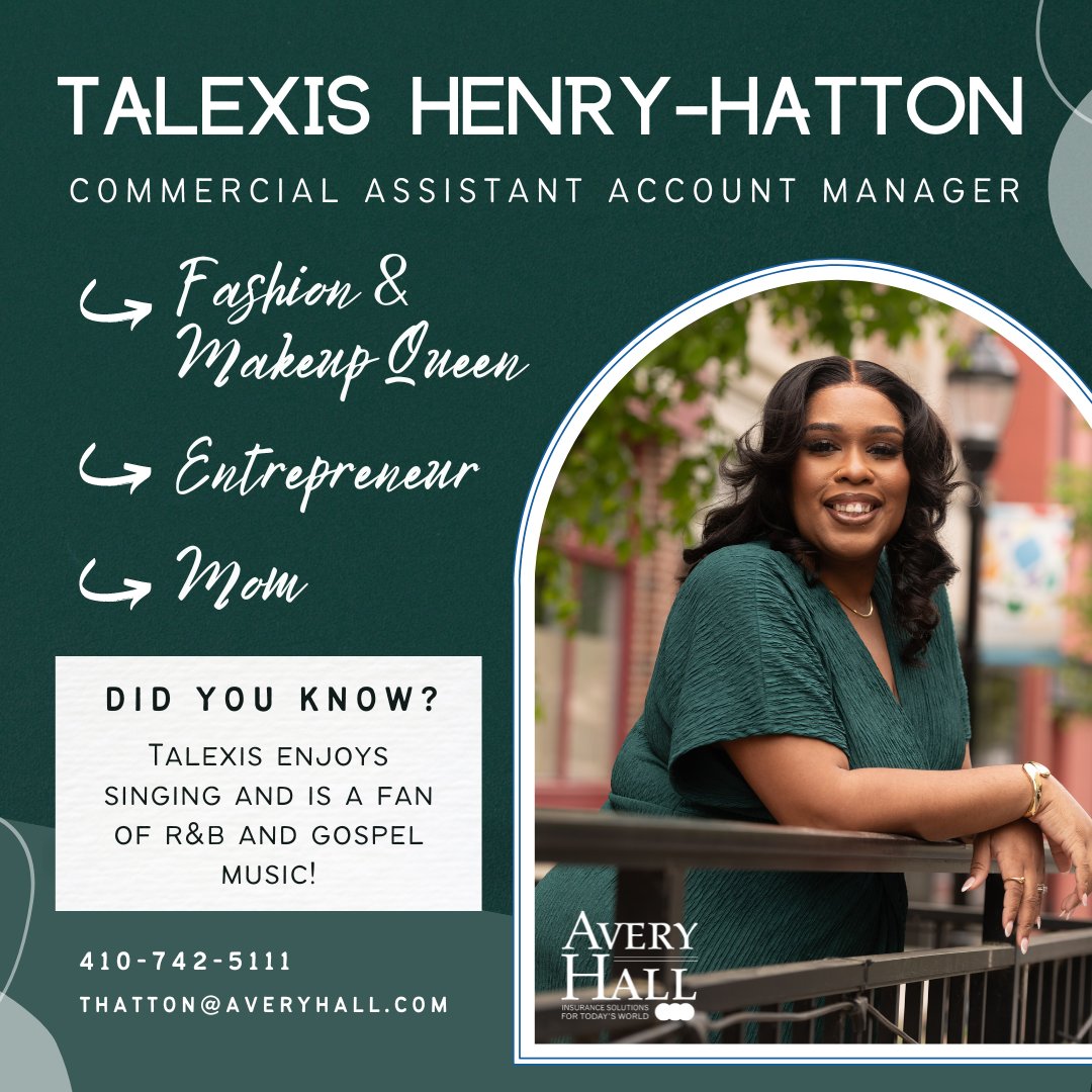 Meet Talexis Henry-Hatton, assistant account manager in our commercial lines department in our Salisbury office!  ❤️ Contact Talexis and the rest of our commercial team for all of your business insurance needs at 410-742-5111 📲

#meetourteam #businessinsurance #makeupqueen