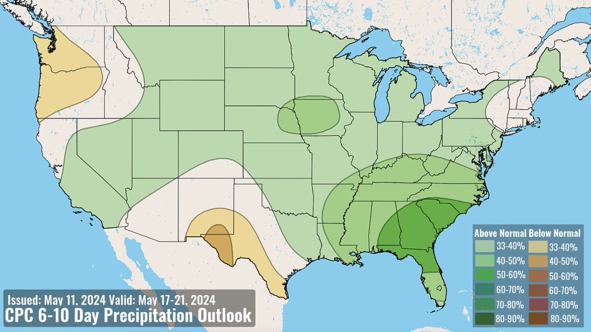 Here's a look at the latest 6-10 Day Precipitation Outlook. The CPC has outlined above-normal precipitation values expected across the eastern CONUS, with average to below-normal values for the PNW and Southwest.