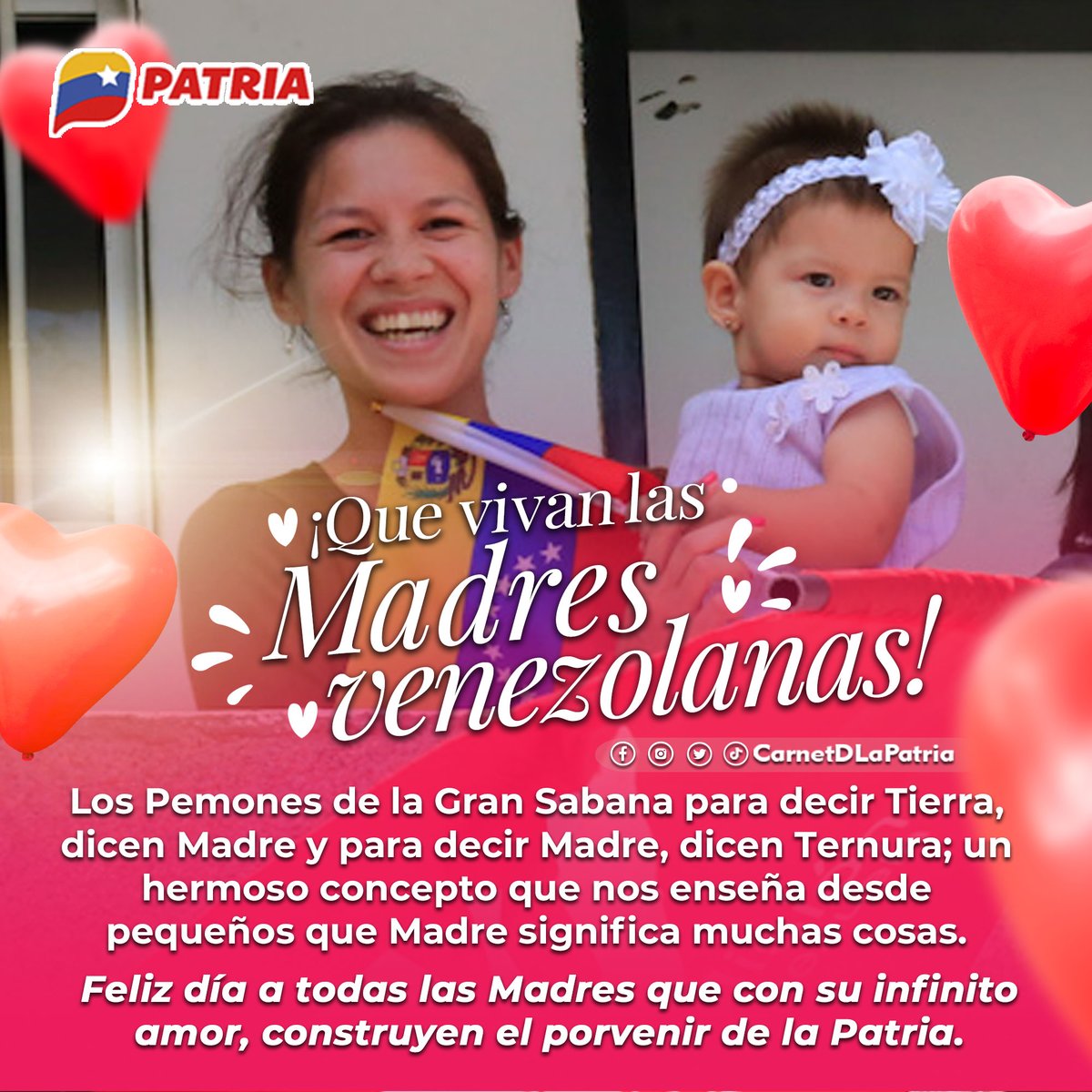 El #SistemaPatria felicita a todas las madres que con su amor infinito, dedicación y ternura, día a día construyen el porvenir de la Patria. Un abrazo inmenso y que Dios las bendiga siempre. ¡Que vivan las madres venezolanas! #MadreSerDeVida #12May
