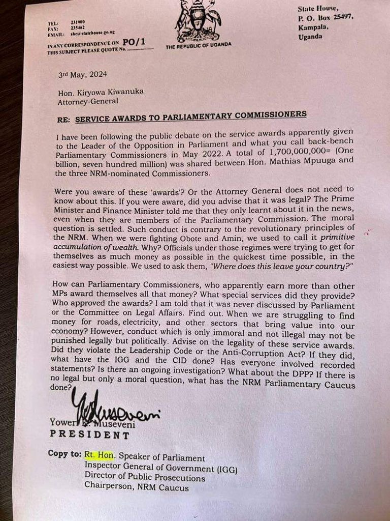 Mayuge updates President Museveni has written to the Attorney General, expressing concerns about the allocation of service awards totalling up to UGX 1.7 billion among the parliamentary commissioners; Hon. Mathias Mpuuga and the three NRM-nominated.