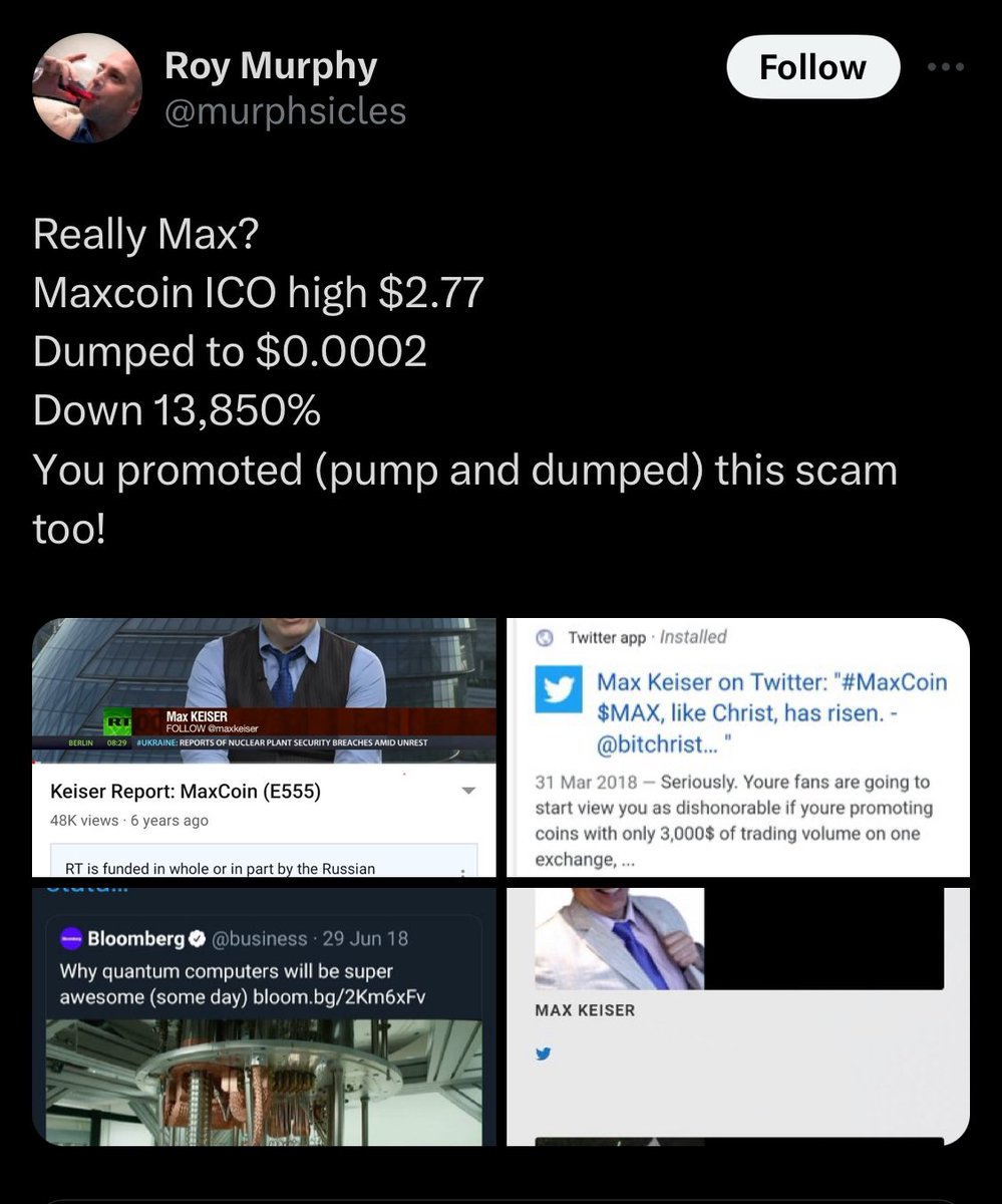 Max Keiser, the great pretentious anti-shitcoin and #Bitcoin cheerleader of El Salvador, once pumped his own shitcoin called #MaxCoin. What were his results? Not sure how much he sold or made. But what were the results of those who bought Max’s bs?? -99.999999%