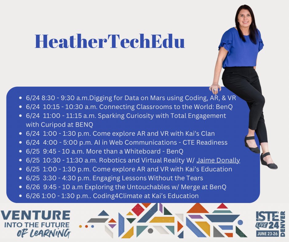 HeatherTechEdu's tweet image. Here are a few places you can find me sharing my passion #ISTELive24 
@LearnWithMundo @JaimeDonally @kaiseducation @curipodofficial @mergeedu @magicschoolai #coding4climate @BenQAmerica