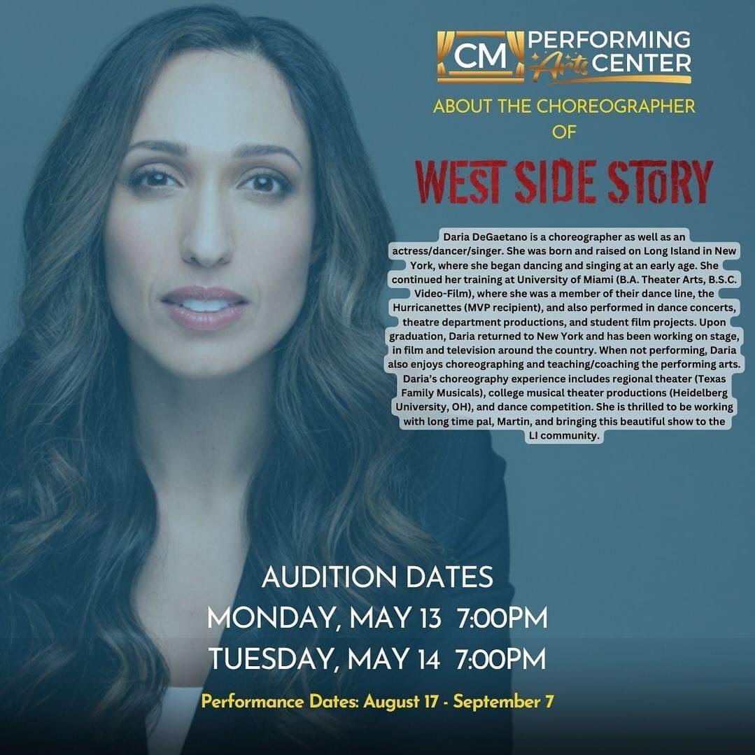 With #WestSideStory #Auditions coming up tomorrow, let’s reintroduce you to the #ProductionTeam you’ll be working with!

#CMPAC #CMPerformingArts #NoelSRuizTheatre #BroadwayInOakdale #DiscoverLongIsland #DiscoverLI #IslandStrong #ILoveNY