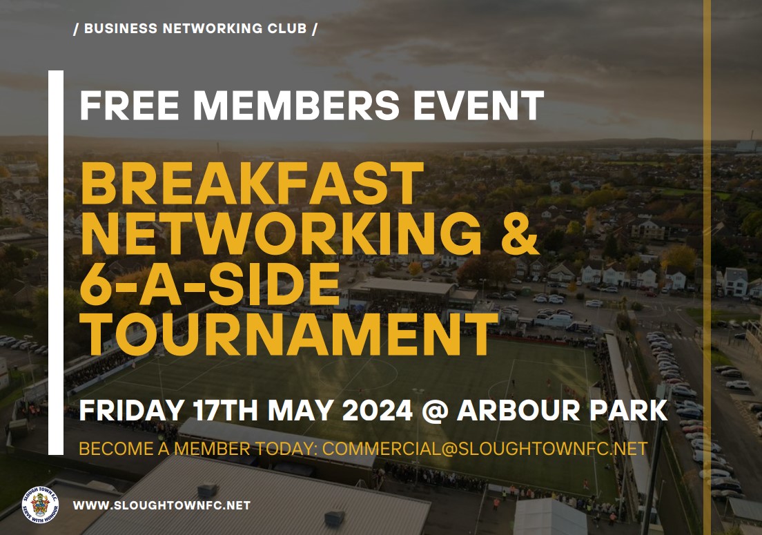 We are holding a breakfast networking event and 6-a-side tournament this Friday at Arbour Park! 📩 For more information on joining our Business Networking Club, email us: commercial@sloughtownfc.net #OneSlough
