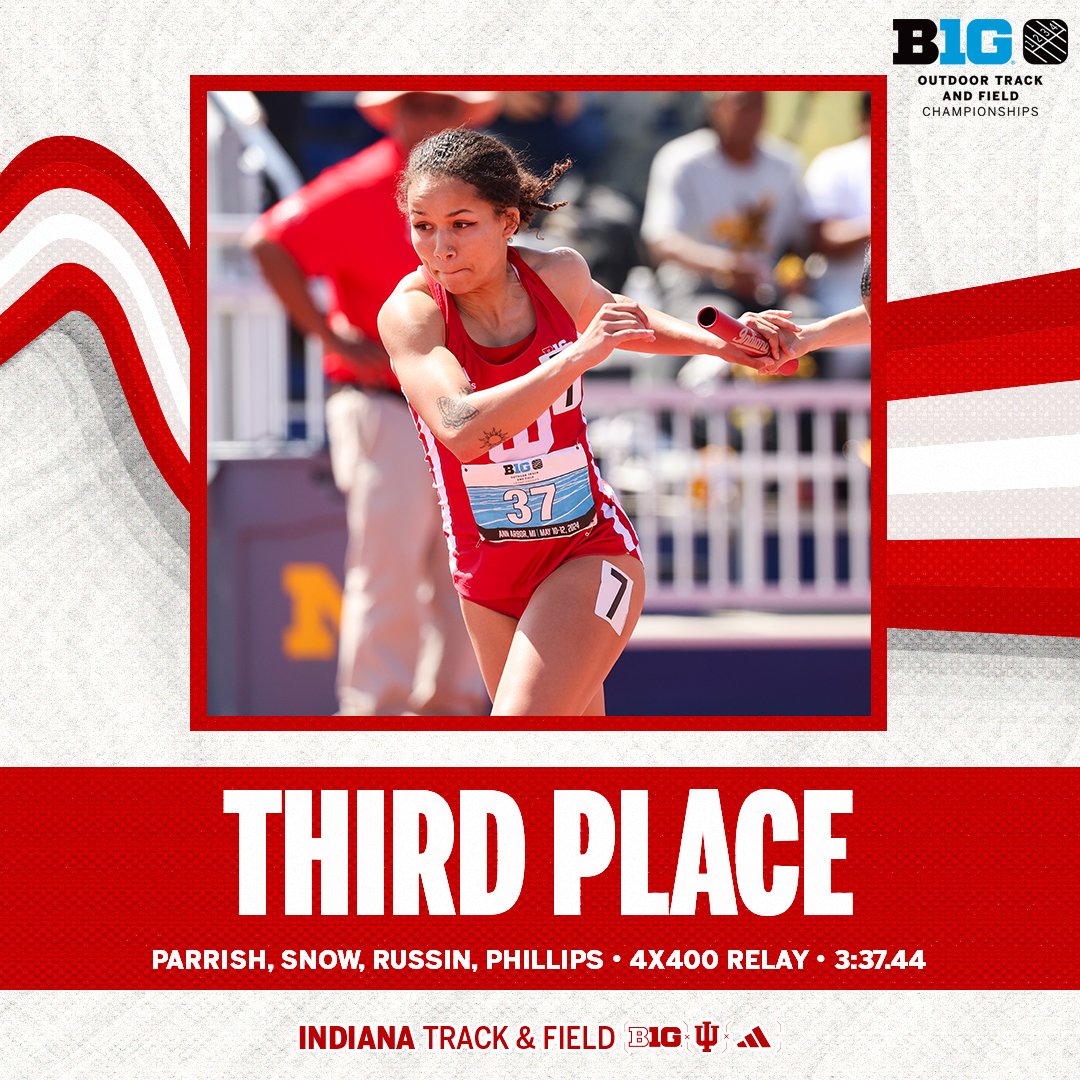 IndianaXCTF's tweet image. Parrish, Snow, Russin, Phillips earn🥉 with a season-best time of 3:37.44, moving up to No. 5 on the all-time list!