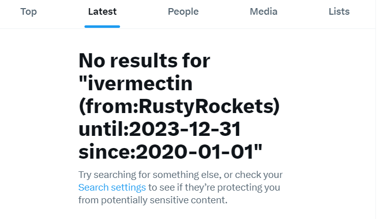 Amazing that people buy-in to the whole Brand Truffer shtick - information about Ivermectin was important in 2020, 2021 maybe even 2022, but Brand never even mentioned the word on Twitter in those years (search results👇).

In 2024, information on ivermectin is irrelevant.