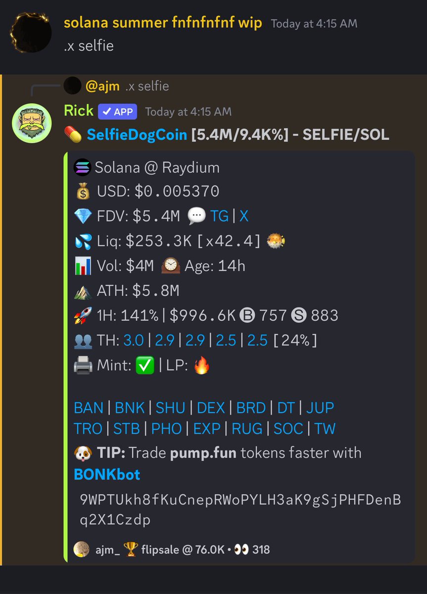 AJM7778's tweet photo. Made a discord server with my friends for fun 

First call hit 20x

$Selfie 300k to 6m.

Should we go public? https://t.co/u3pzZM8xMF