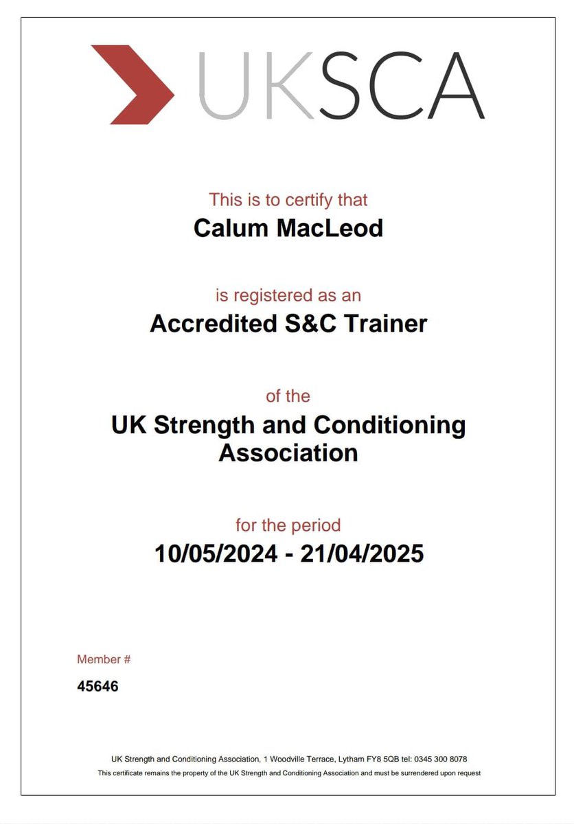 I’m pleased to share that I am now a <a href="/UKSCA/">UKSCA</a> accredited S&amp;C Trainer!

A big thank you to <a href="/MartinGallyer/">Martin Gallyer</a> for the help and guidance along the way.

Next step is the S&amp;C Coach accreditation!