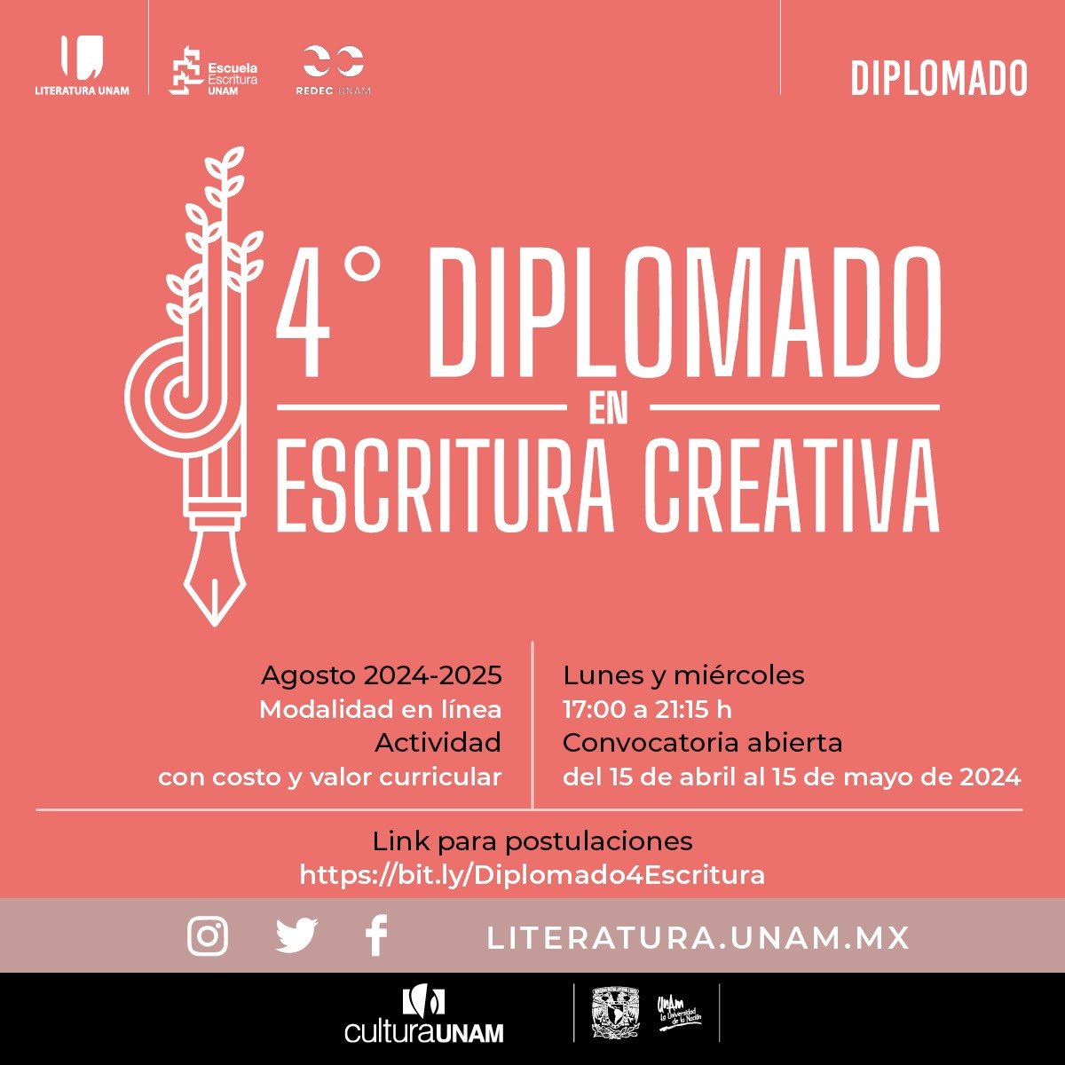 Eduardo_Cerdan's tweet photo. 🔔Últimos días para postularse al 4º diplomado de la Escuela de Escritura de @LiteraturaUNAM @CulturaUNAM🔔

Un año de acompañamiento, 264 horas en total, lunes y miércoles por las tardes. Convocatoria: https://t.co/GLG9V0kiwL

En los tres años de la Escuela ha habido:

🧵 (1/4) https://t.co/qYJ1Nnzr5Z