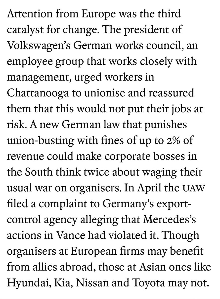 Interesting explanation of UAW success in @TheEconomist. ✅ Rank & file miltancy. ✅The IRA limits capital mobility. ✅International solidarity from German works councils. economist.com/united-states/…