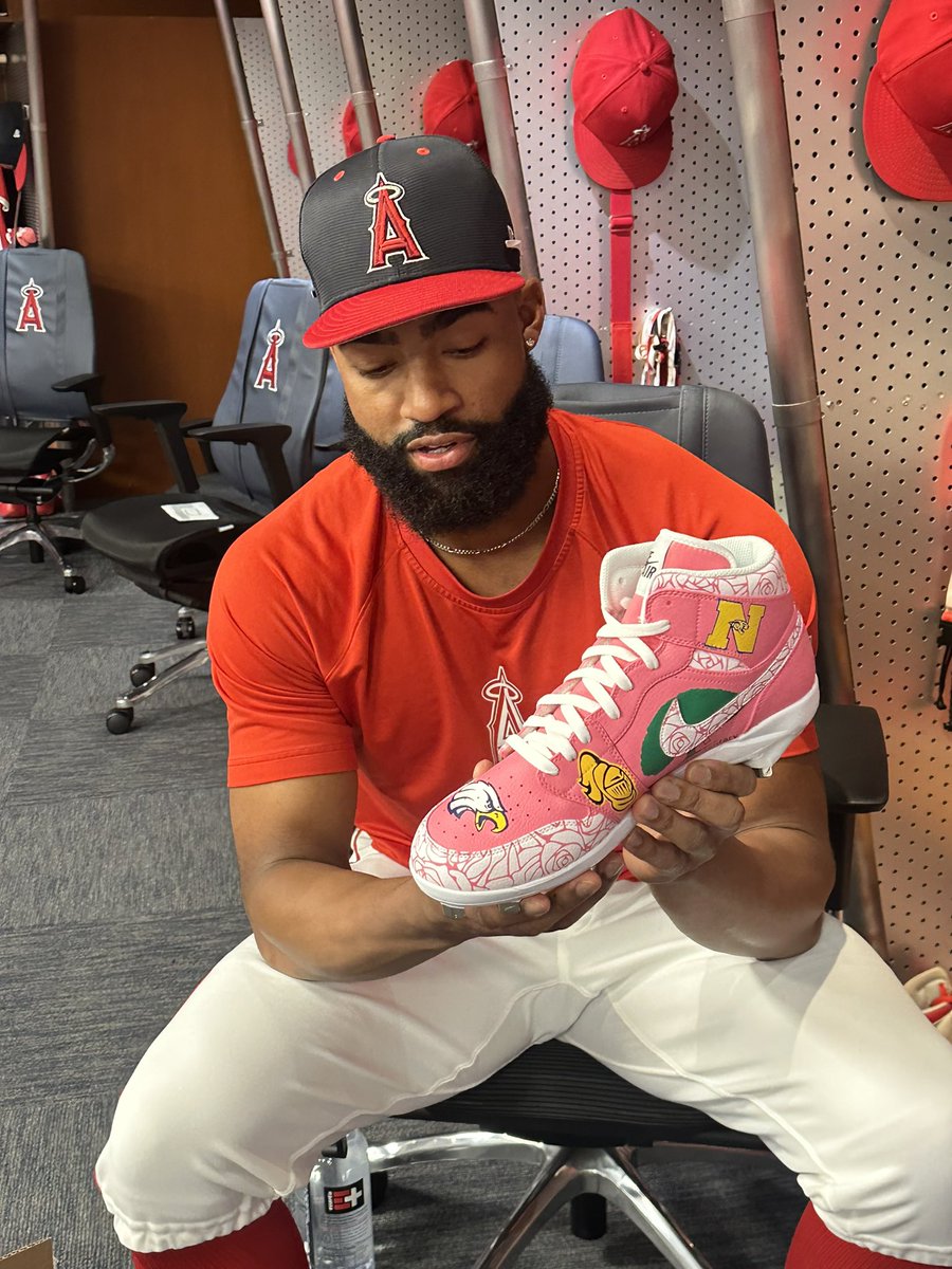 Jo Adell wearing tribute Jordans to celebrate his mom Nicole w/ logos from all the schools she was either a teacher or principal. Including the Louisville Cardinals logo where mom received her doctorate. Happy Mothers Day Dr. Adell!