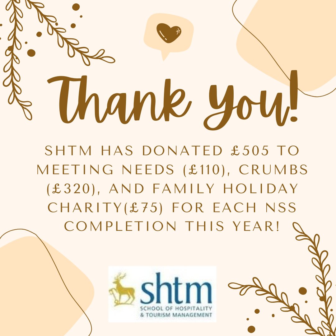 We're delighted to announce that this year SHTM has donated a total of £505 to three incredible charities - Meeting Needs (£110), Crumbs (£320), and Family Holiday Charity (£75) - for each completed National Student Survey (NSS) response! 🎉