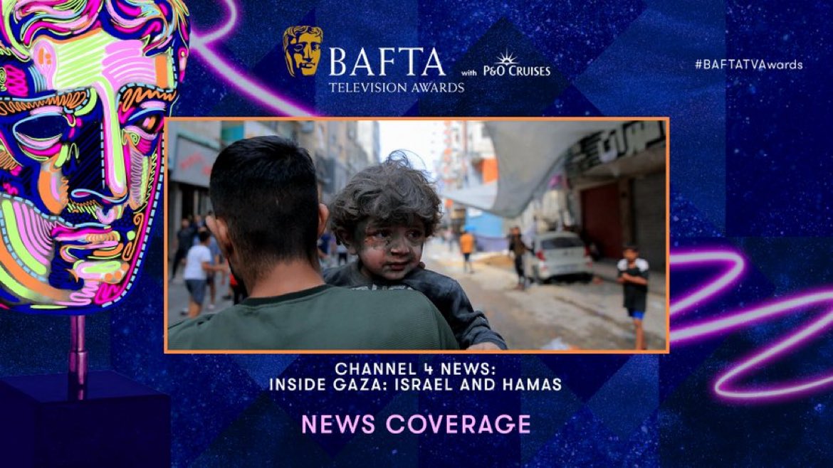 “The #c4news team thanked the journalists they’ve worked with in Gaza and paid tribute to those who have been killed while working.“

And the News Coverage BAFTA goes to… Channel 4 News: Inside Gaza: Israel And Hamas At War 👏🏾🎉🥳💪🏾

#BAFTATVAwards