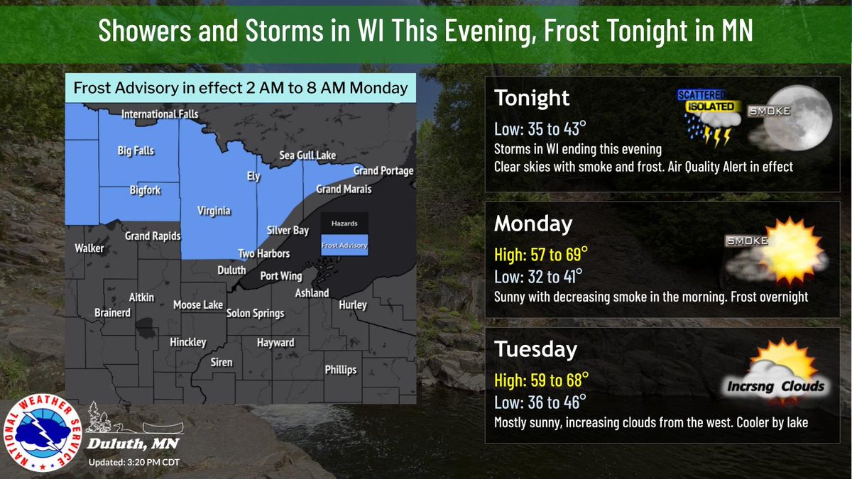 Active conditions are expected this evening into tonight including: possible strong storms in north-central WI this afternoon and evening, frost in northern MN, and widespread wildfire smoke reducing air quality. Quieter conditions move in early this upcoming week. #mnwx #wiwx