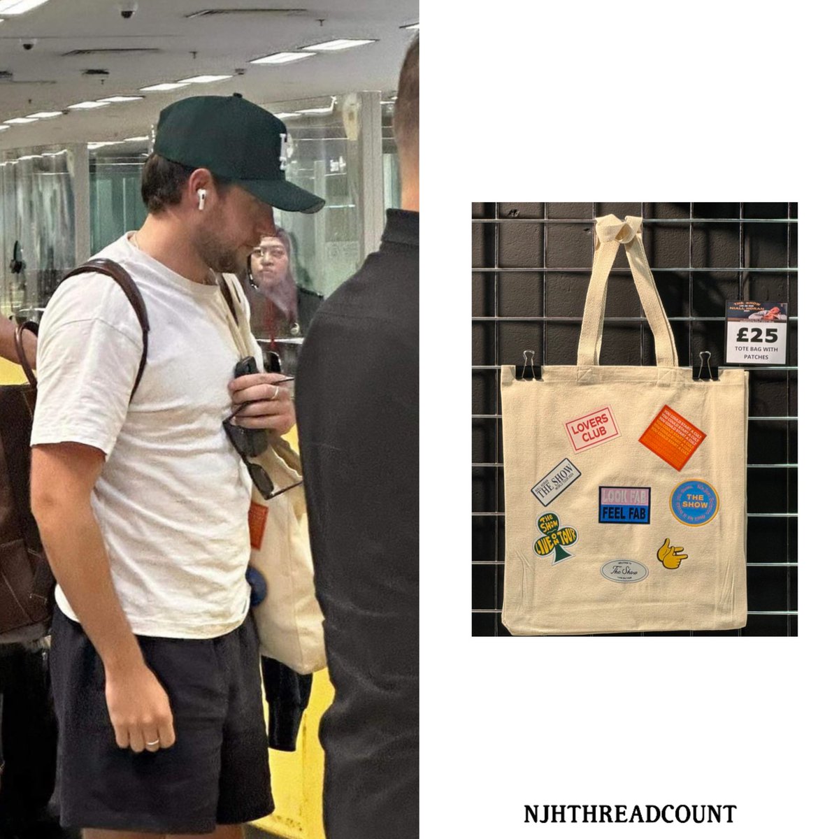 Niall Horan wearing a Niall Horan tote bag with patches (£25) 

(available at TSLOT merch stands)