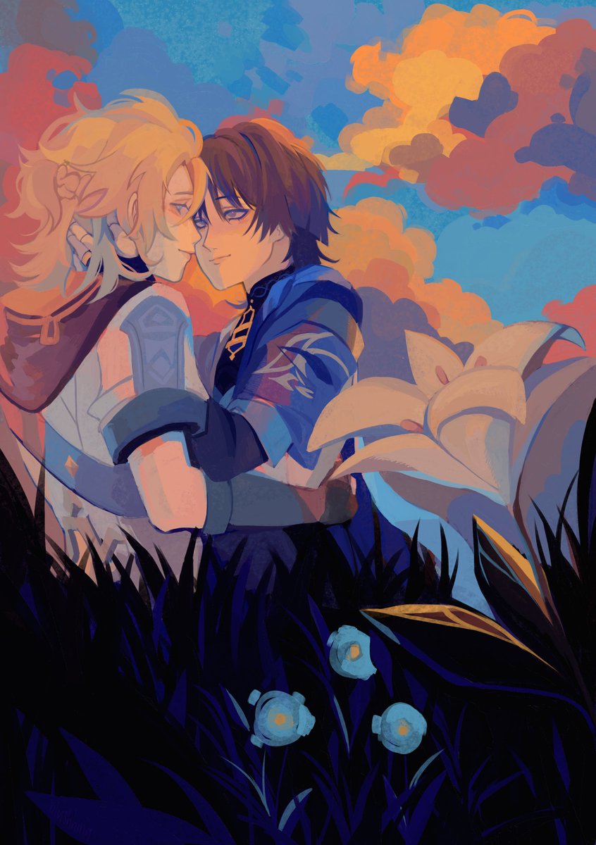 my piece for <a href="/ScarabedoZine/">Artificial Lovers: A Scarabedo Zine</a> !! (i freaking love scarabedo)

#scarabedo #scaramouche #albedo #wanderer #GenshinImpact