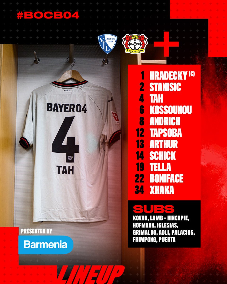 𝙎𝙩𝙖𝙧𝙩𝙞𝙣𝙜 𝙓𝙄 𝙫𝙨 @VfLBochum1848EN

Your #Werkself line up like this! 💪⚫️🔴

#BOCB04 | #Bayer04